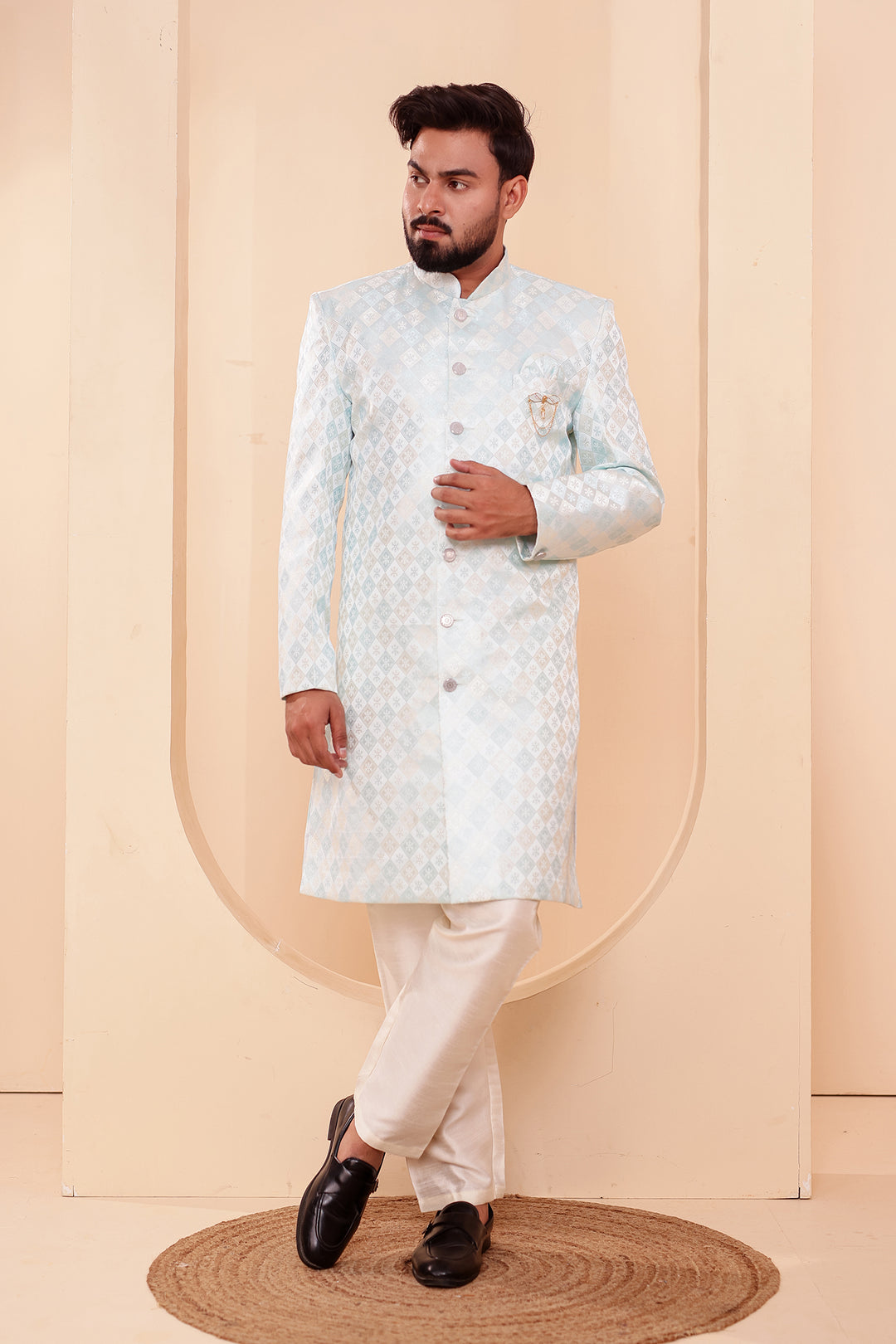 Sea Green Brocade Silk Indo-western Suit.