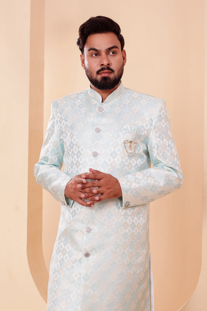 Sea Green Brocade Silk Indo-western Suit.