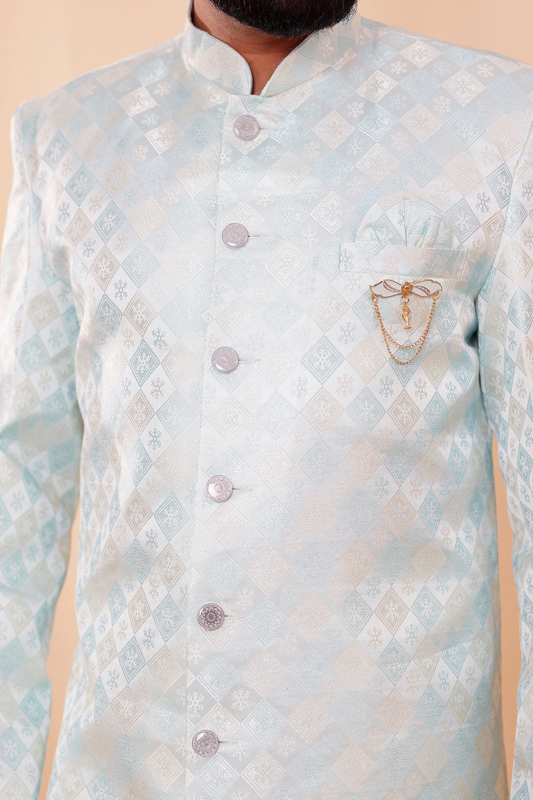 Sea Green Brocade Silk Indo-western Suit.