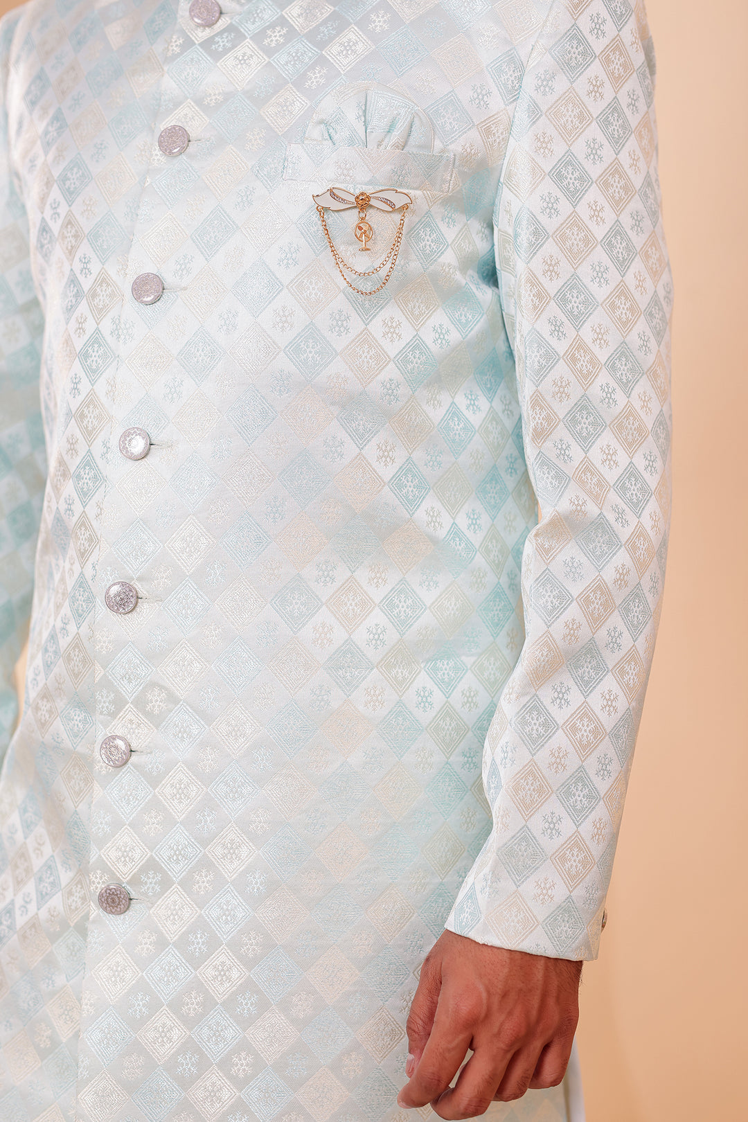 Sea Green Brocade Silk Indo-western Suit.