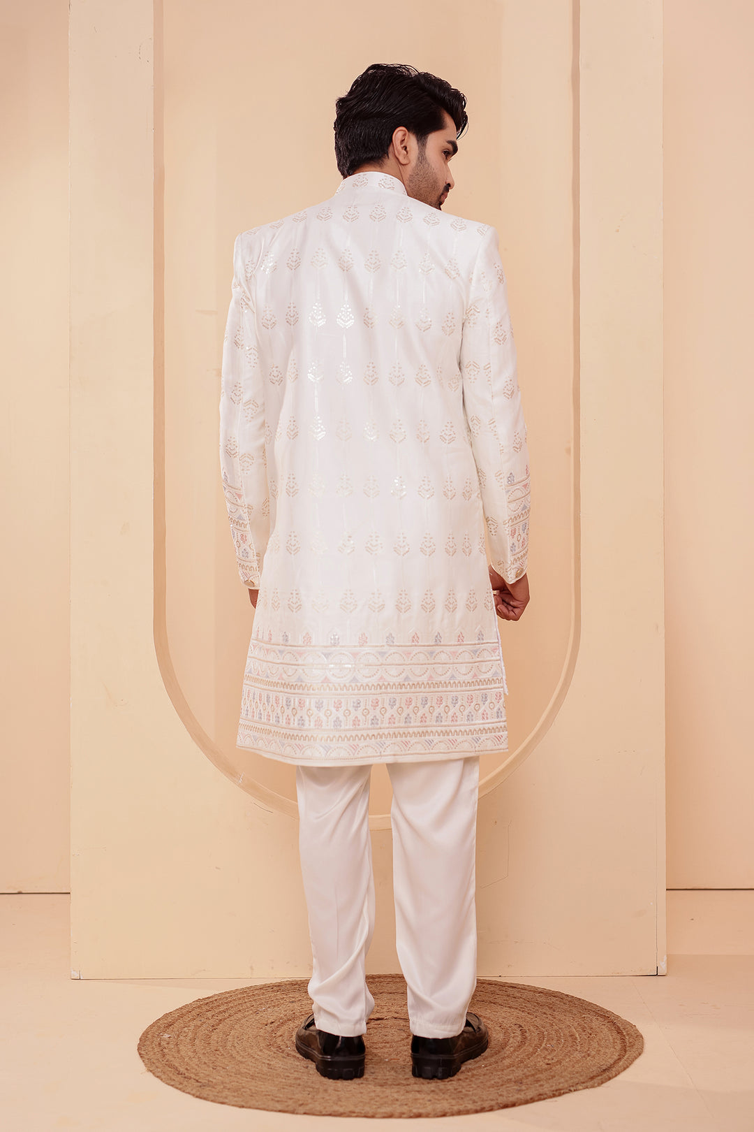 Off White Raw Silk Indo-western Suit with Sequin Work