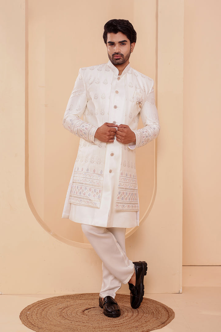 Off White Raw Silk Indo-western Suit with Sequin Work