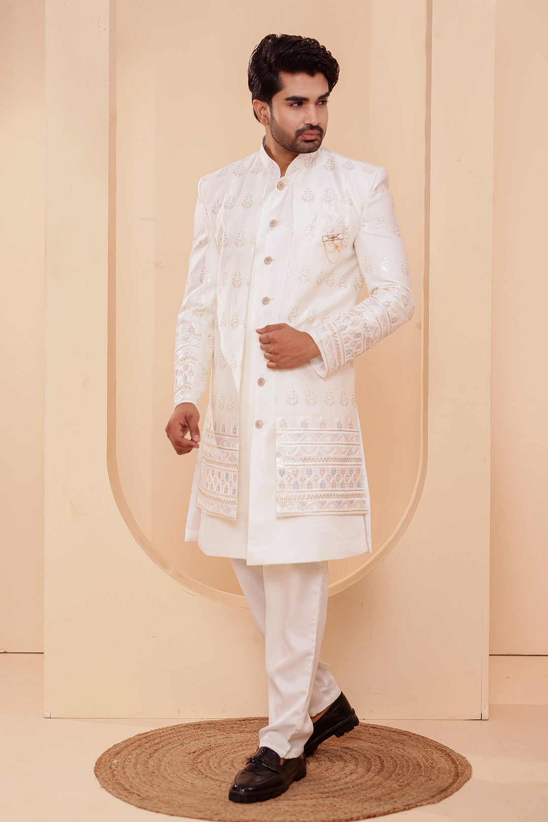 Off White Raw Silk Indo-western Suit with Sequin Work