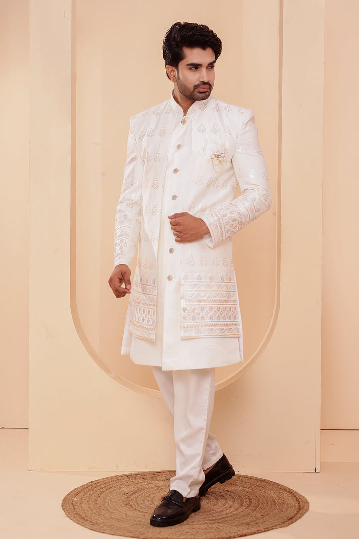 Off White Raw Silk Indo-western Suit with Sequin Work
