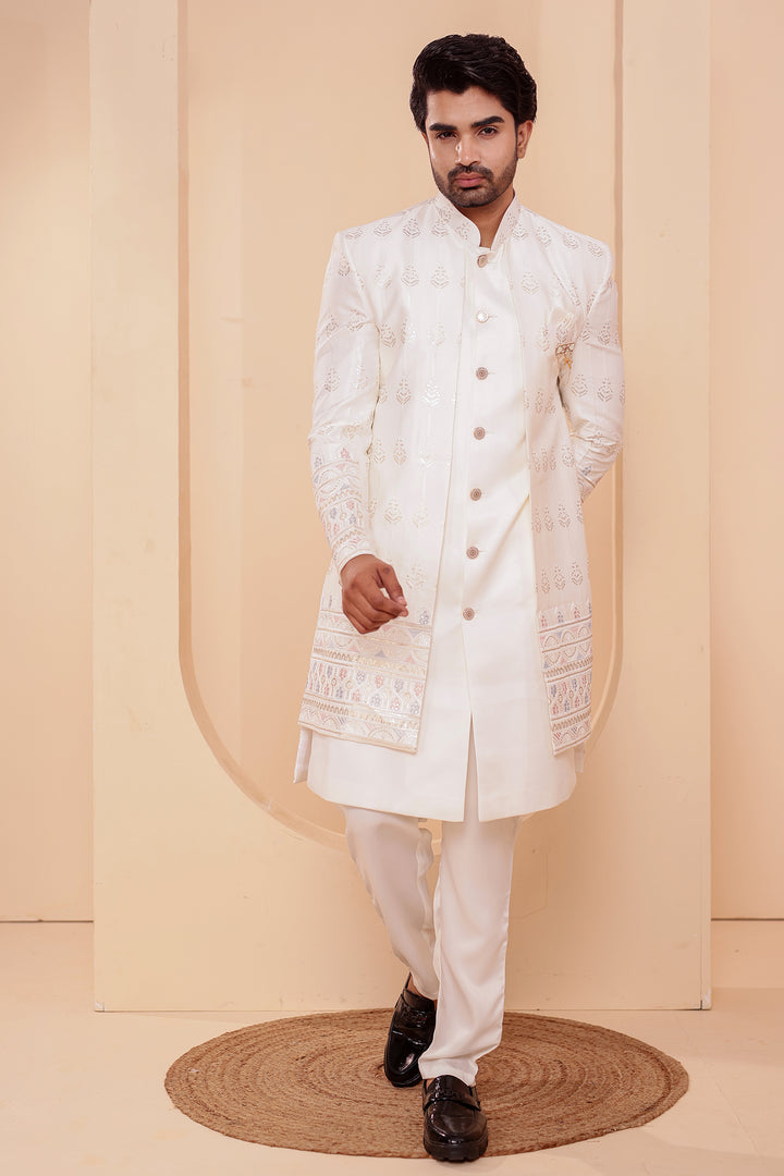 Off White Raw Silk Indo-western Suit with Sequin Work