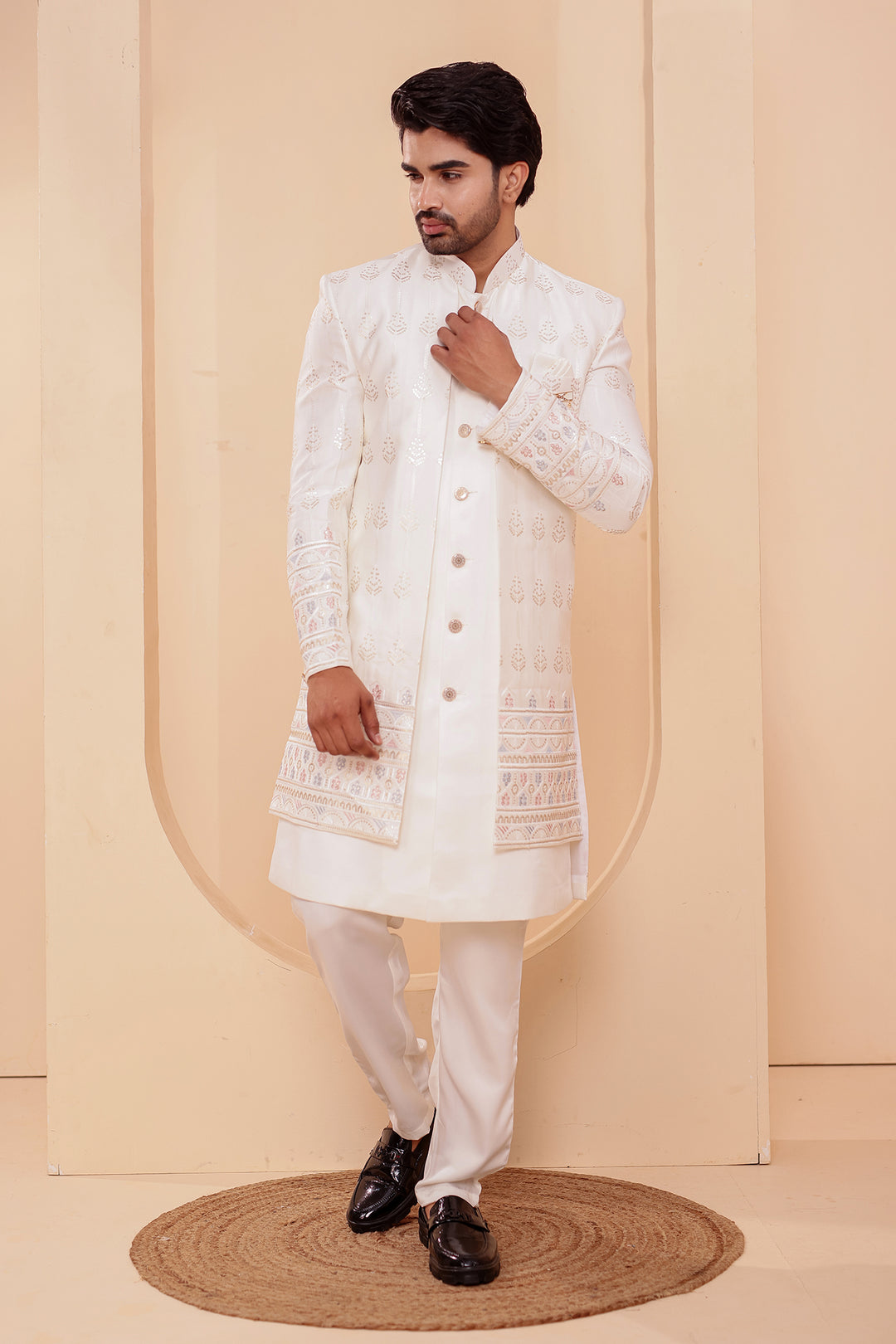 Off White Raw Silk Indo-western Suit with Sequin Work