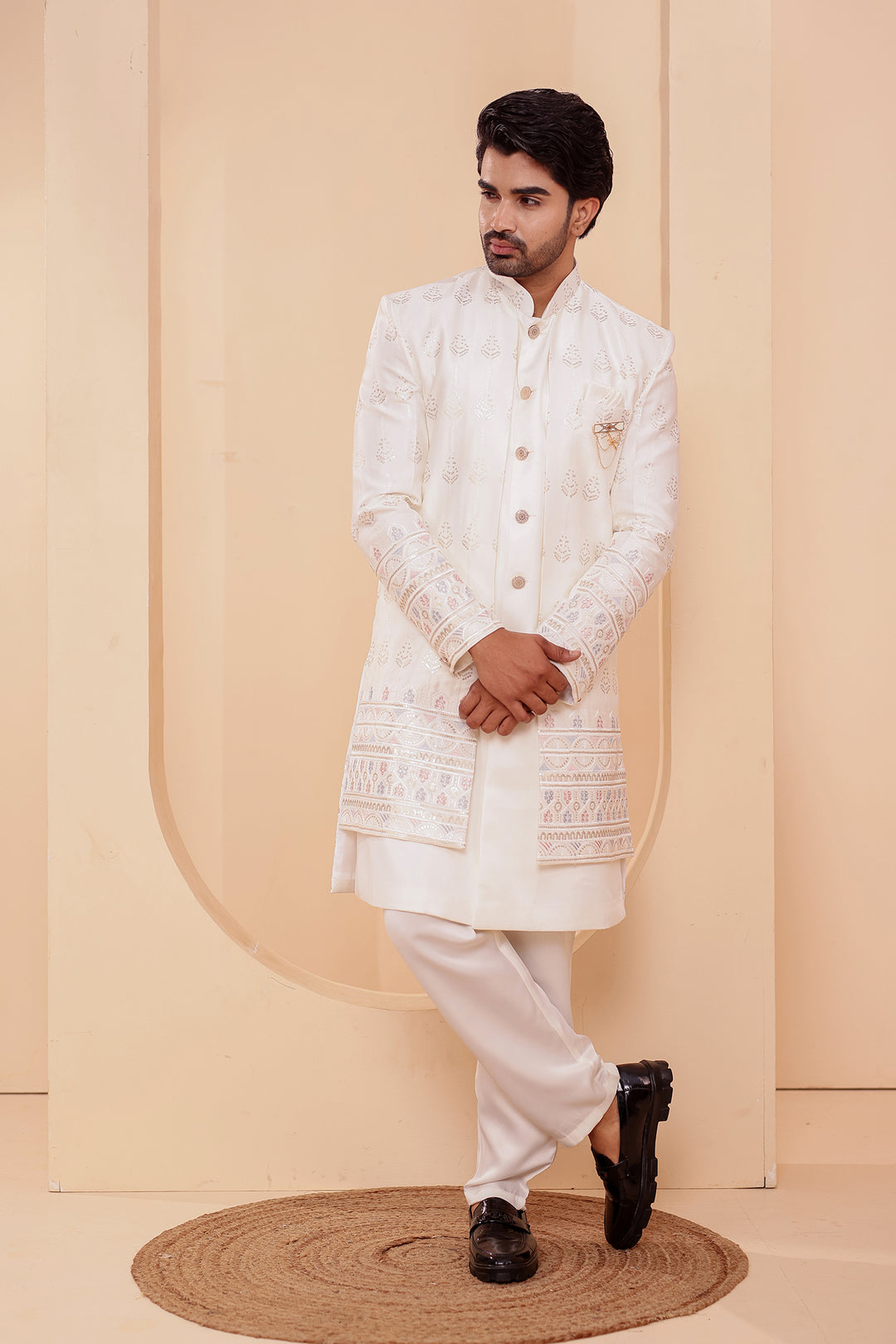 Off White Raw Silk Indo-western Suit with Sequin Work