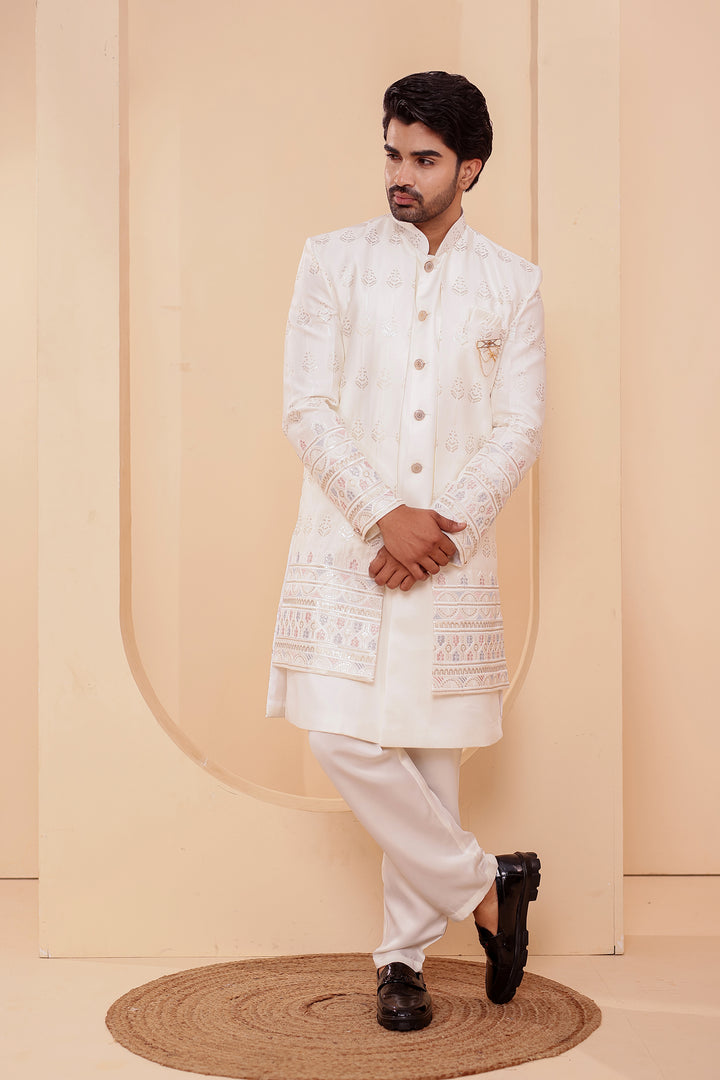 Off White Raw Silk Indo-western Suit with Sequin Work