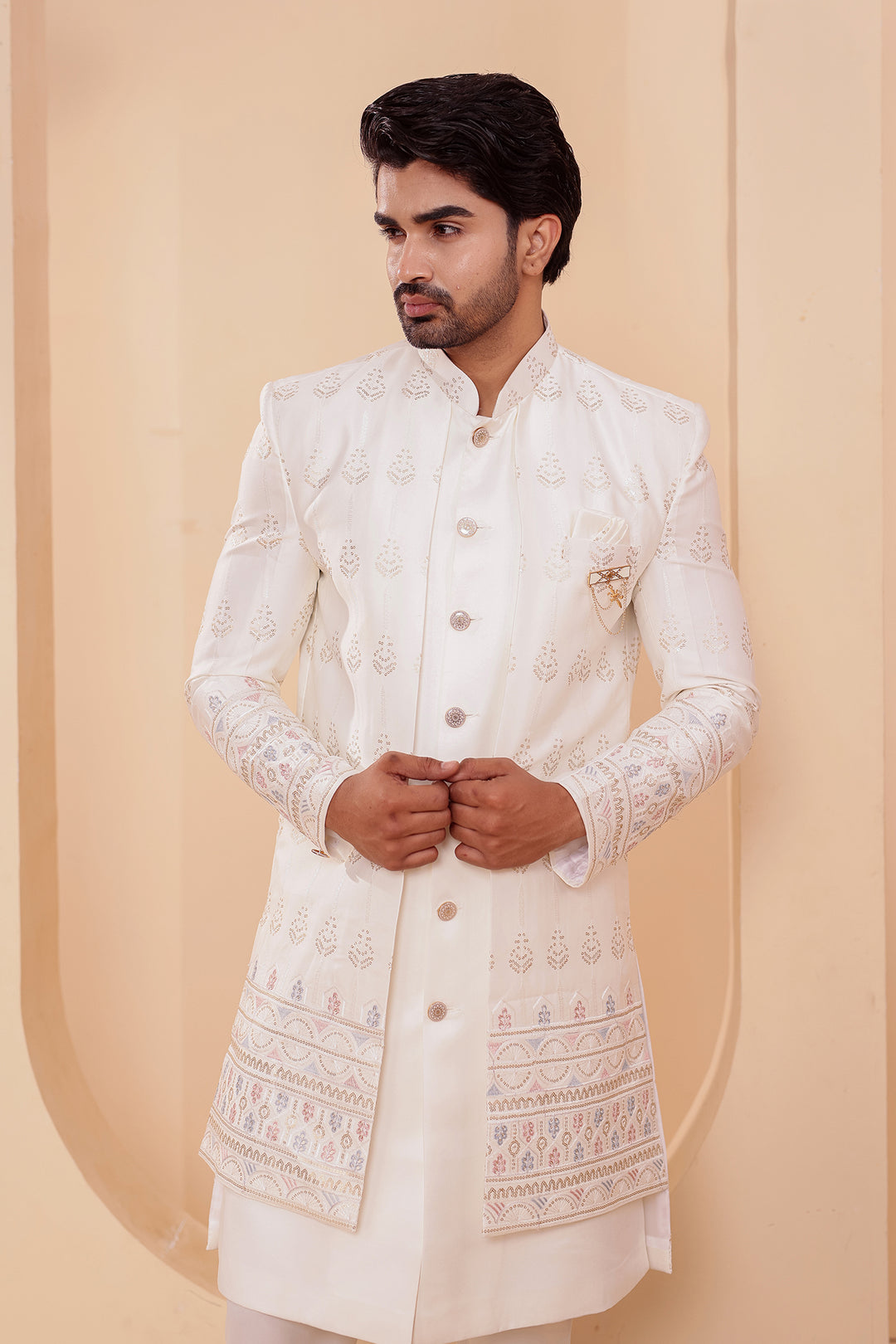 Off White Raw Silk Indo-western Suit with Sequin Work