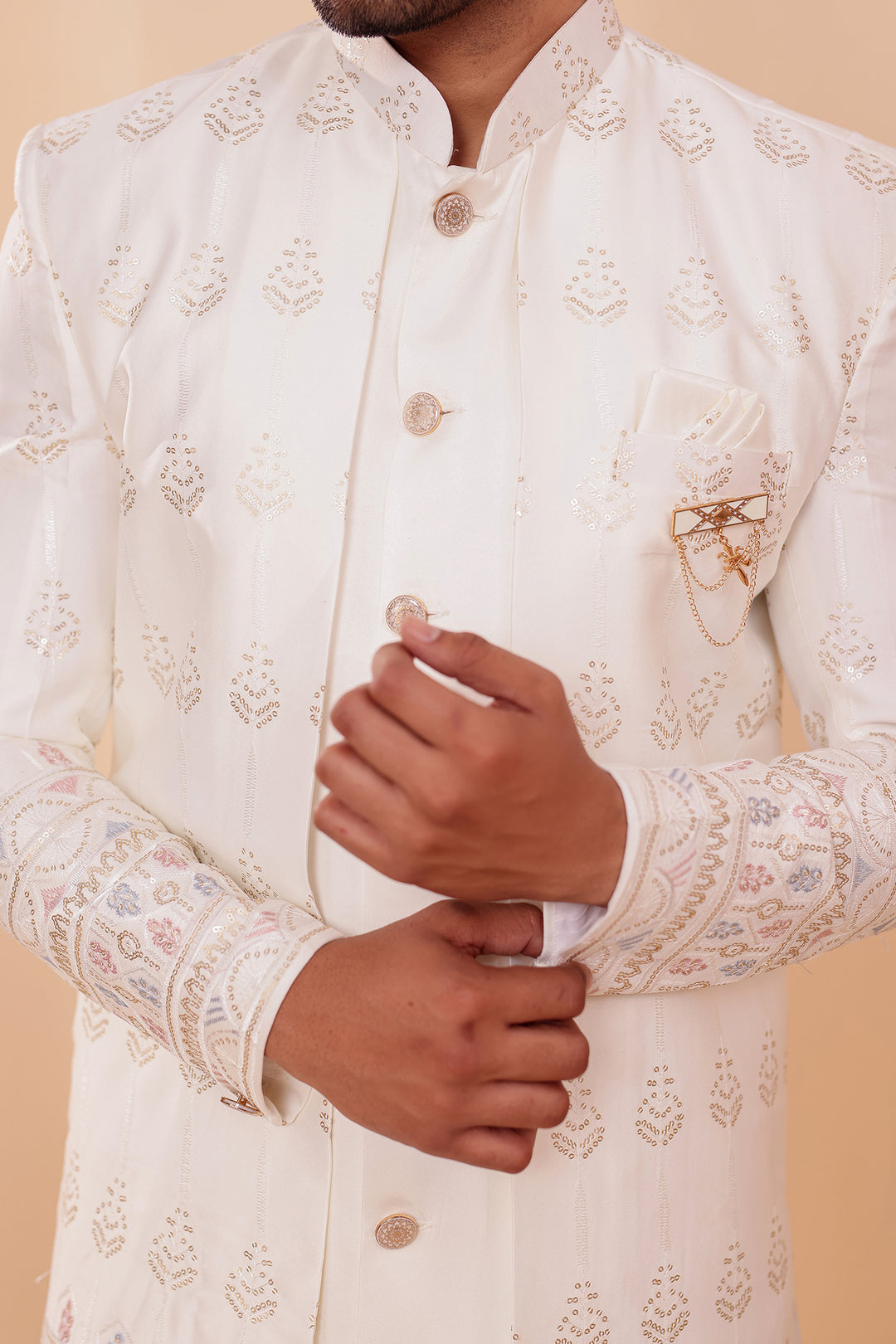 Off White Raw Silk Indo-western Suit with Sequin Work