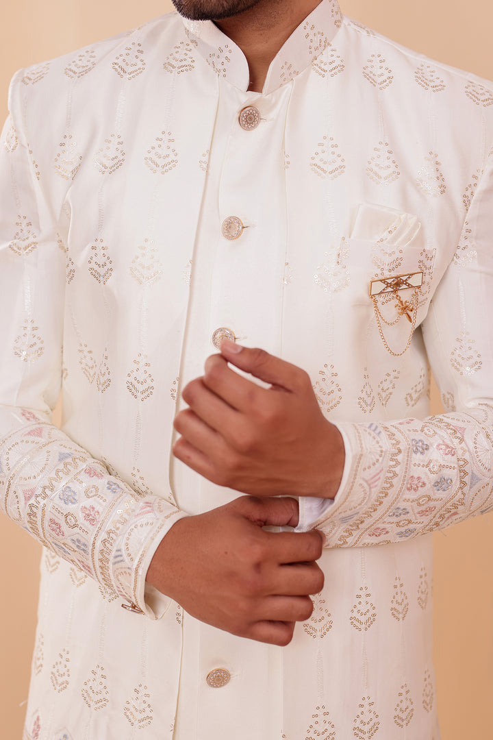 Off White Raw Silk Indo-western Suit with Sequin Work