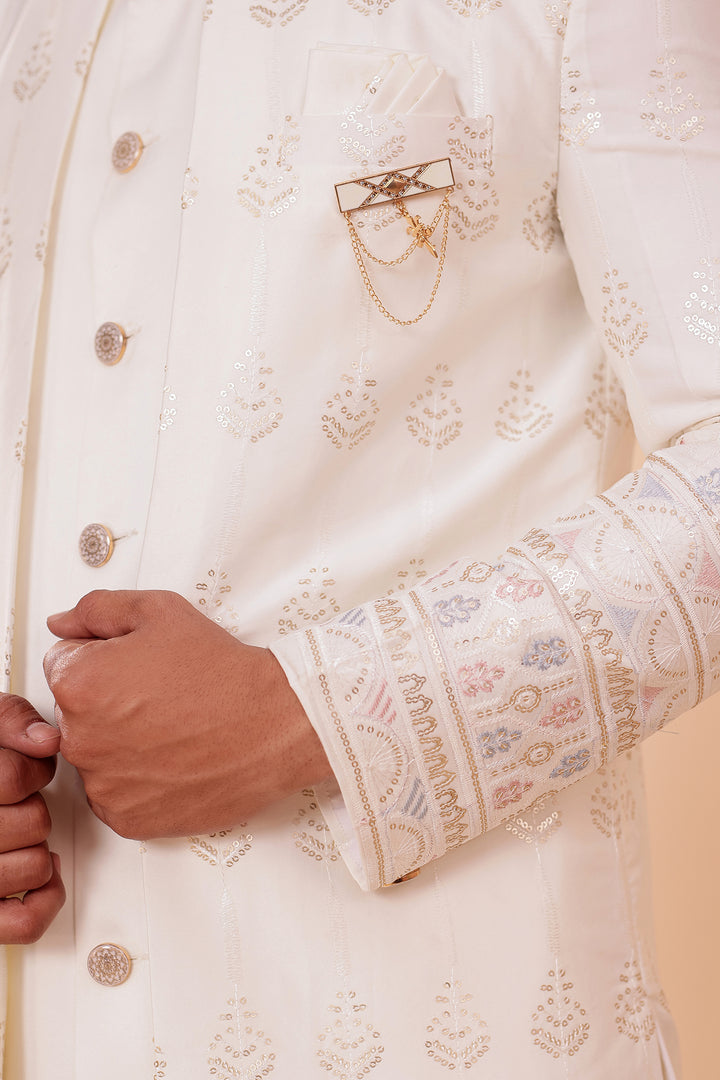 Off White Raw Silk Indo-western Suit with Sequin Work