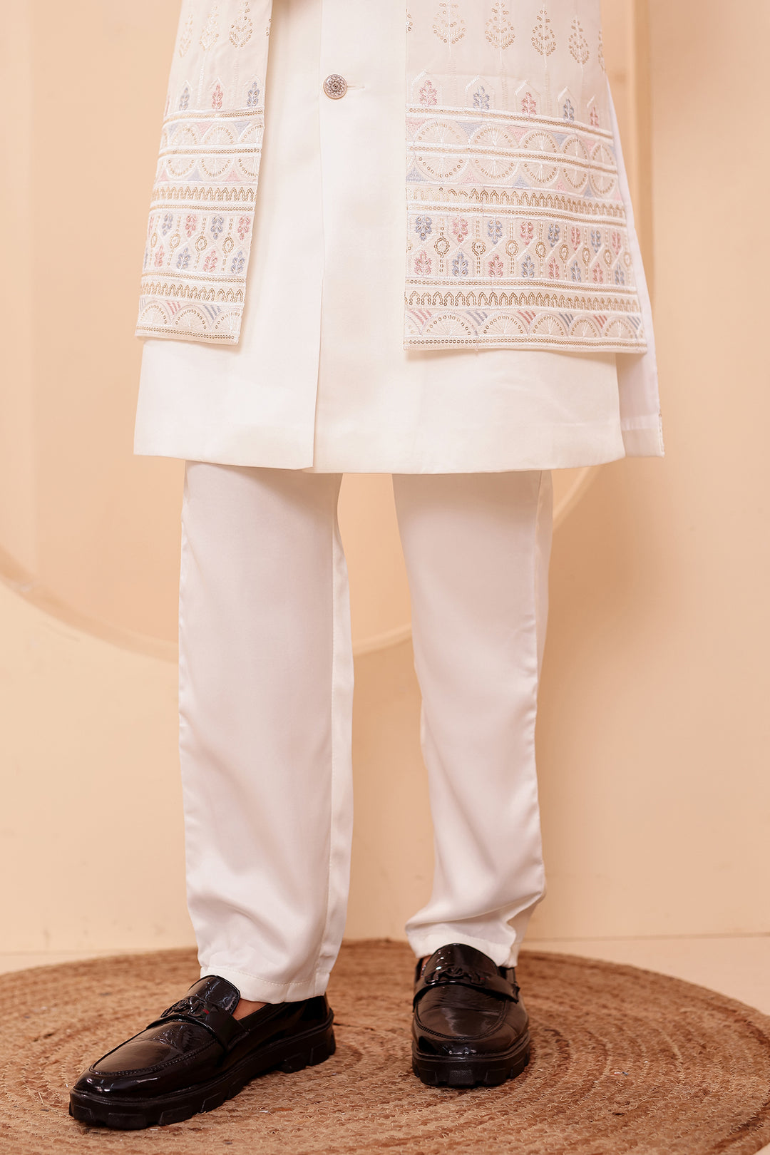 Off White Raw Silk Indo-western Suit with Sequin Work