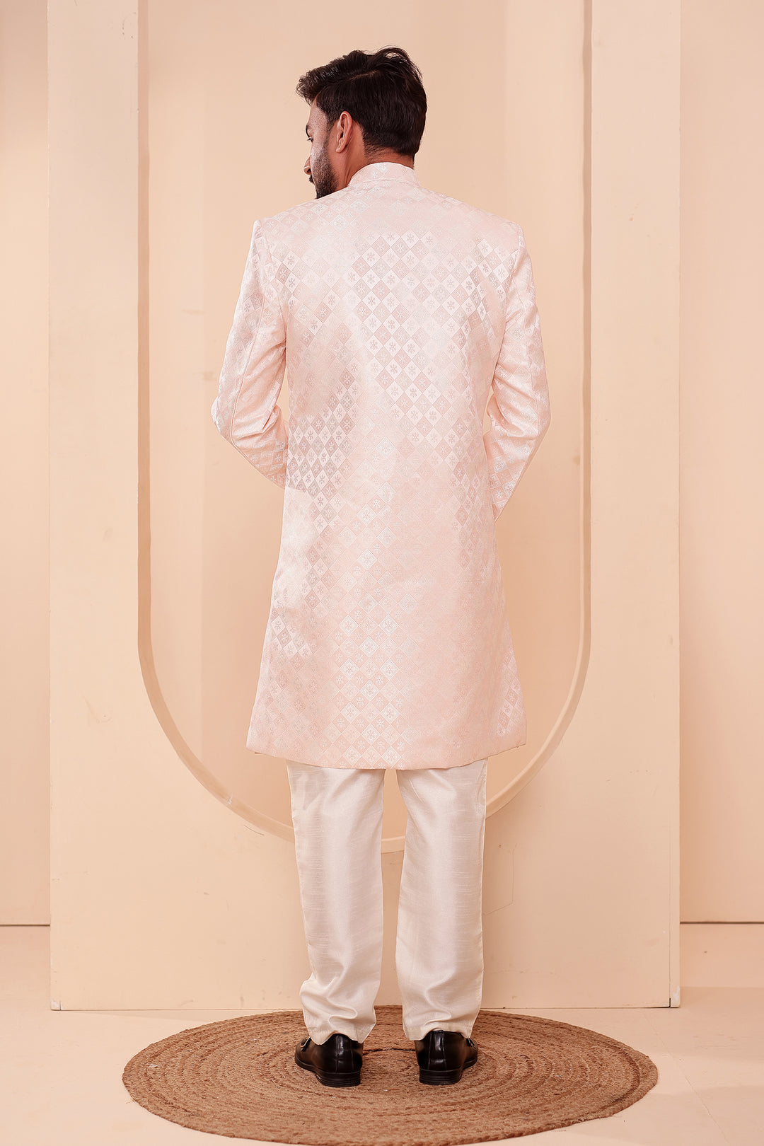 Peach Brocade Silk Indo-western Suit.