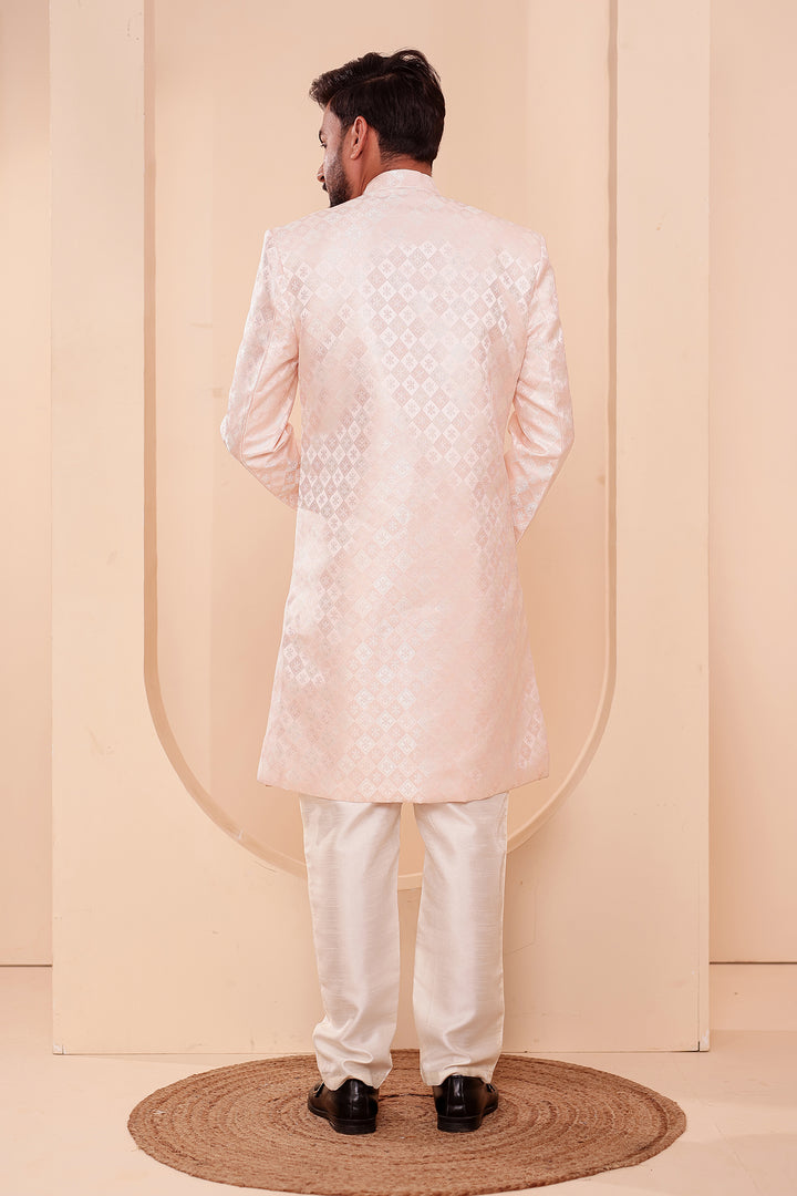 Peach Brocade Silk Indo-western Suit.
