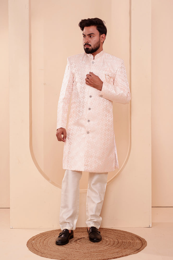 Peach Brocade Silk Indo-western Suit.