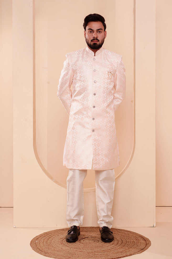 Peach Brocade Silk Indo-western Suit.