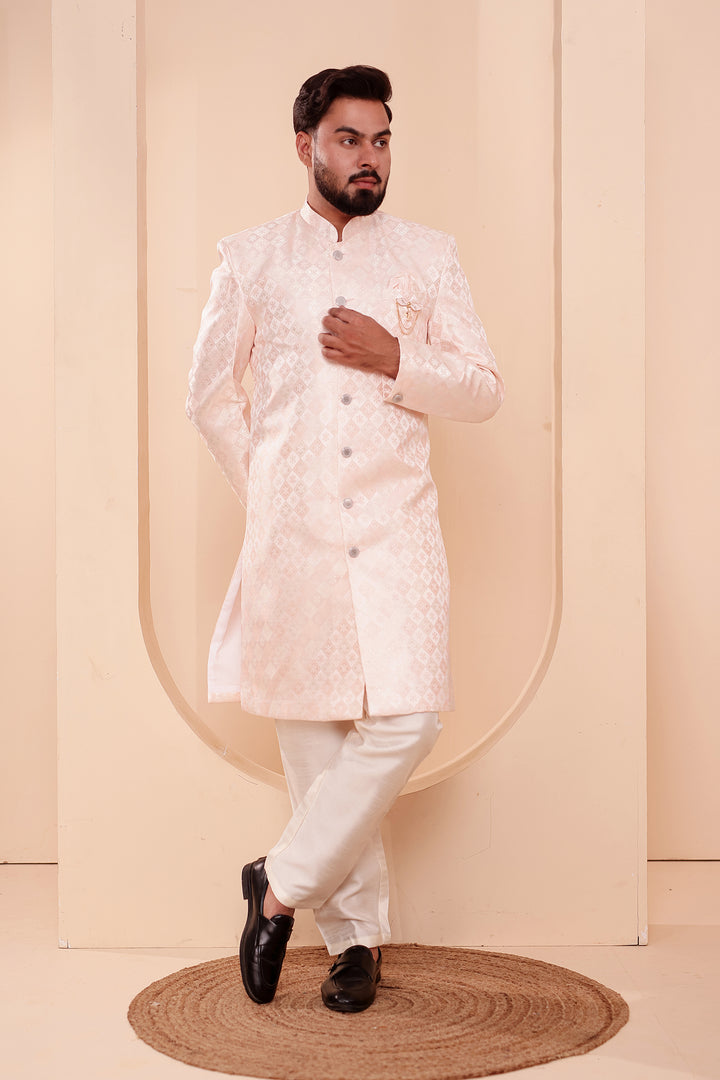 Peach Brocade Silk Indo-western Suit.
