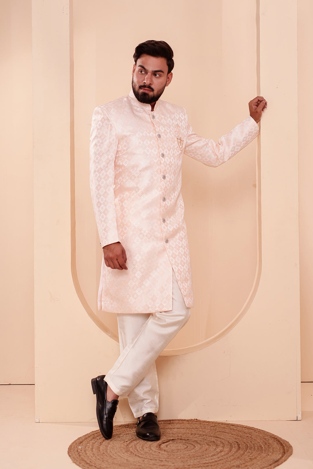 Peach Brocade Silk Indo-western Suit.