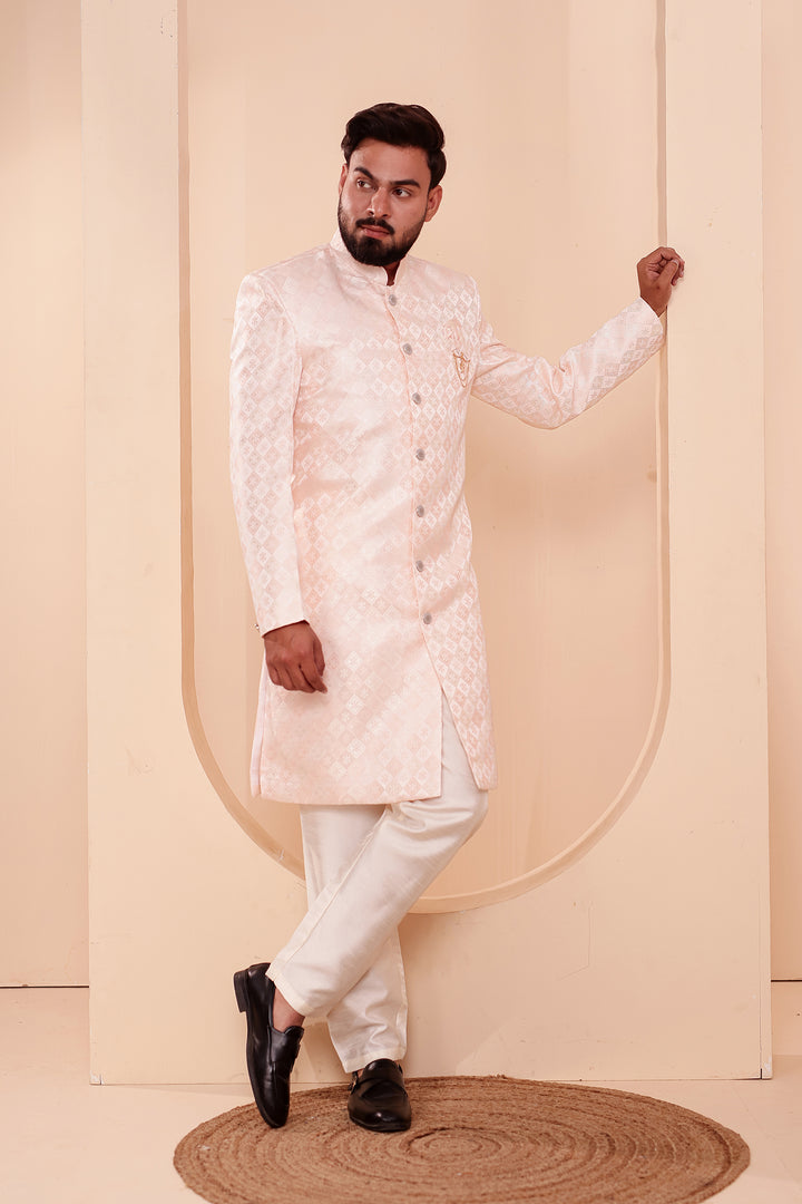 Peach Brocade Silk Indo-western Suit.