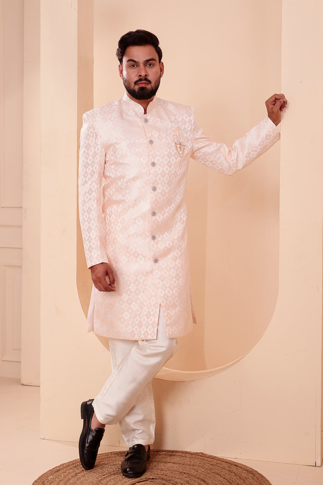 Peach Brocade Silk Indo-western Suit.