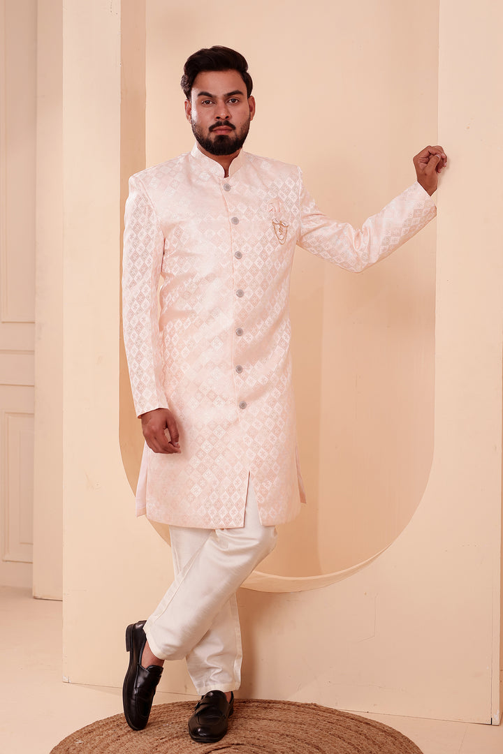 Peach Brocade Silk Indo-western Suit.