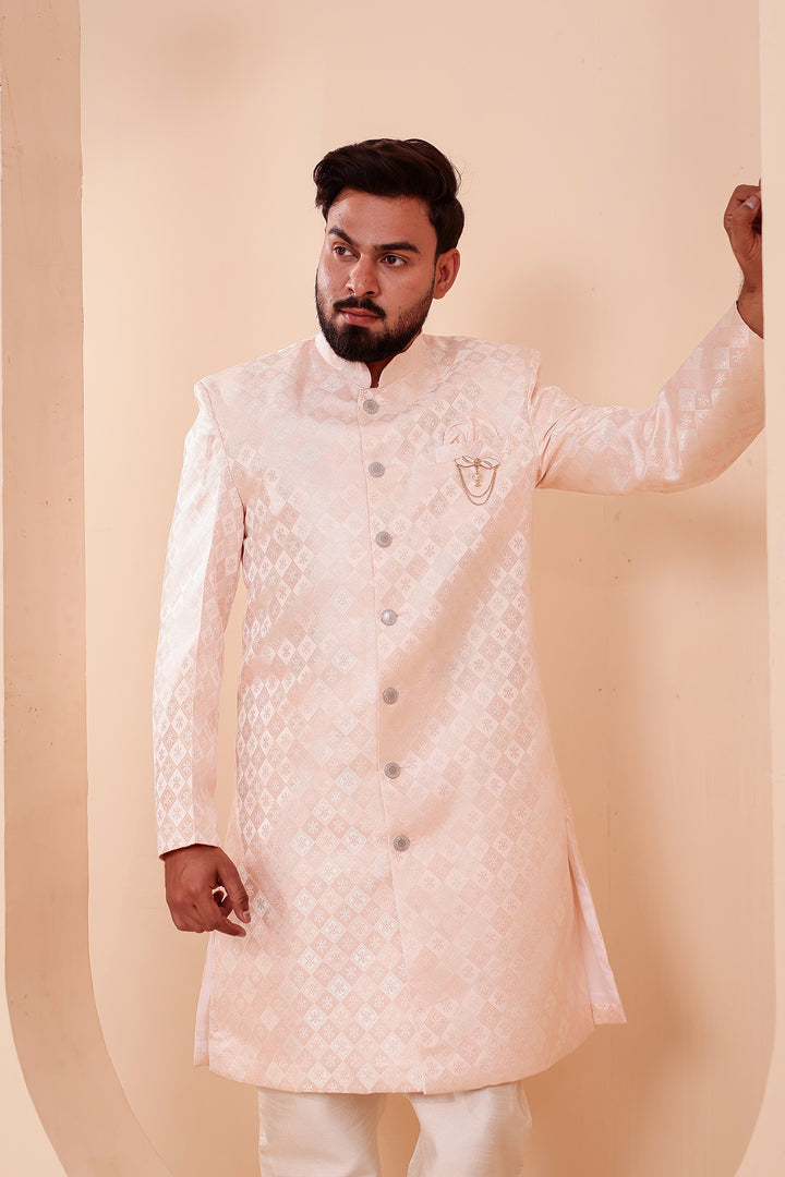 Peach Brocade Silk Indo-western Suit.