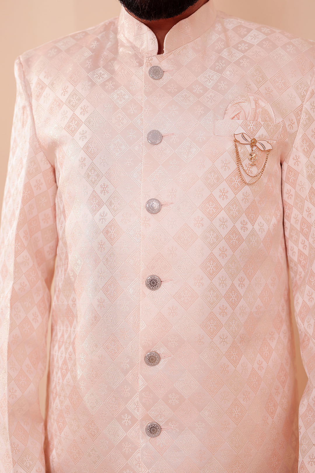 Peach Brocade Silk Indo-western Suit.