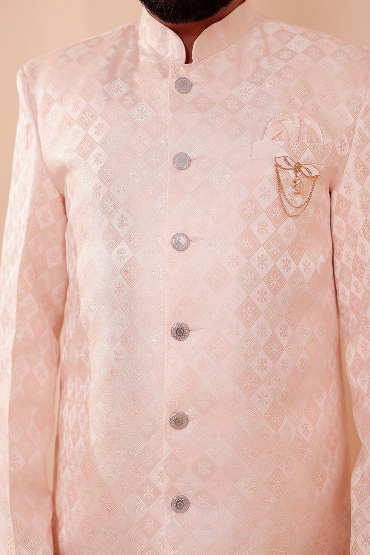 Peach Brocade Silk Indo-western Suit.