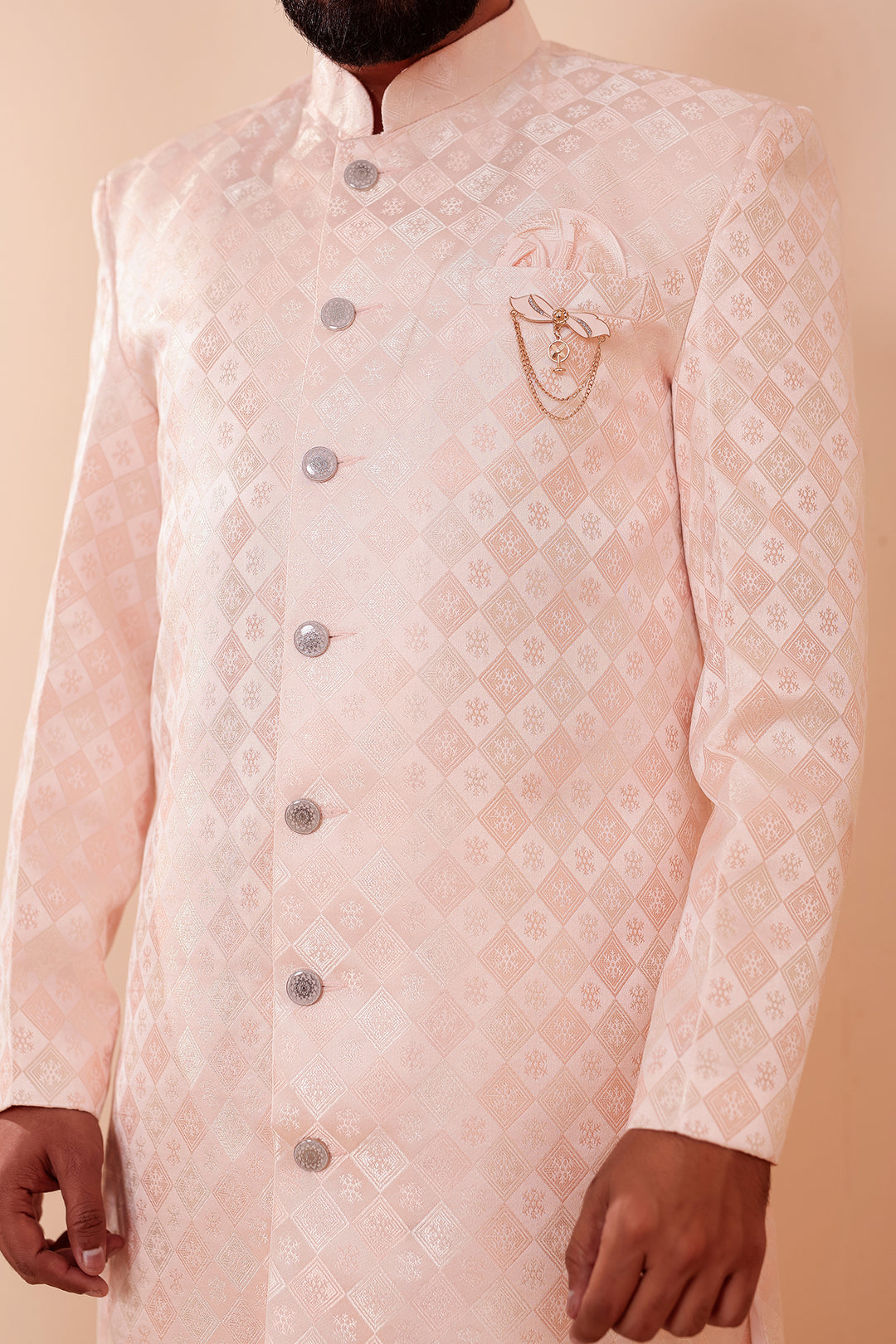 Peach Brocade Silk Indo-western Suit.