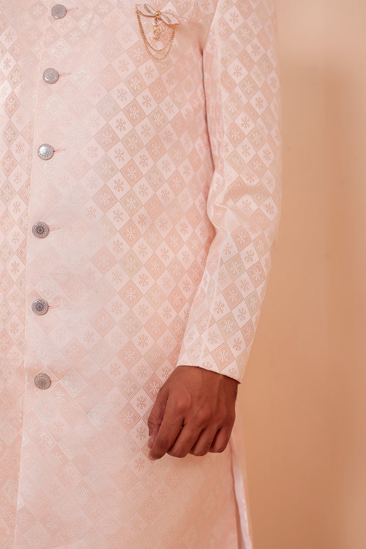 Peach Brocade Silk Indo-western Suit.