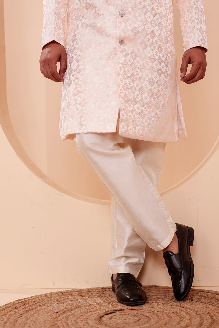 Peach Brocade Silk Indo-western Suit.