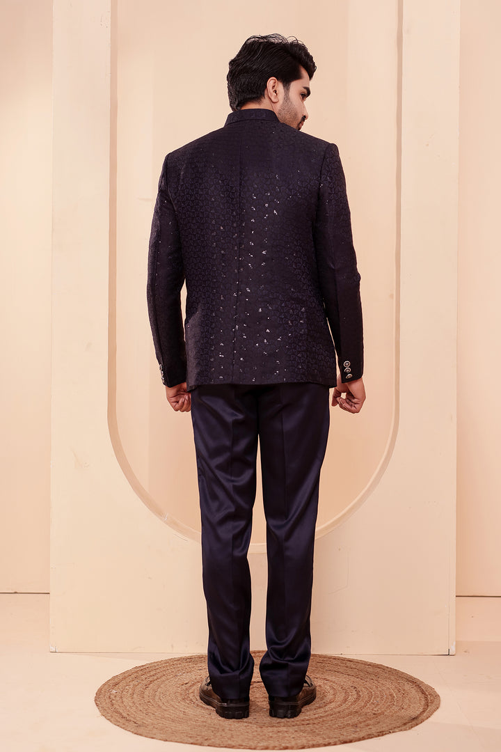 Navy Blue Brocade Silk Jodhpuri Suit with Sequin Work.