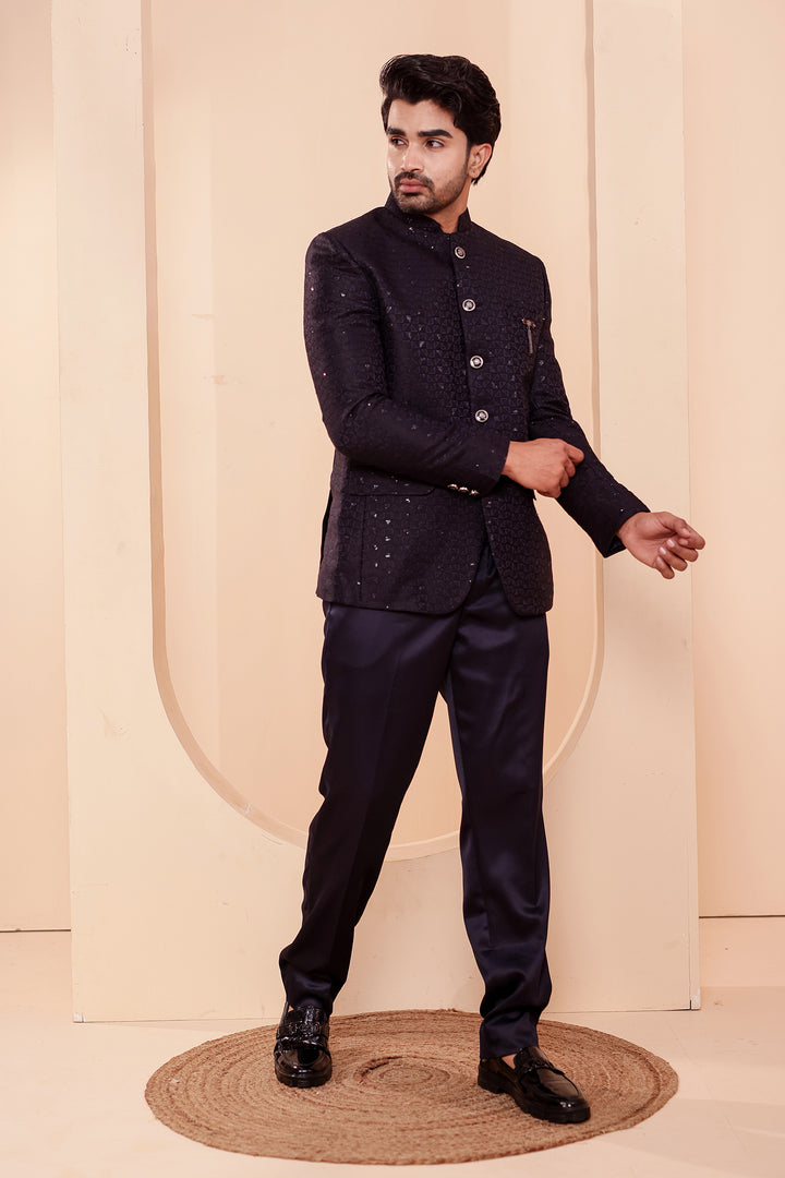 Navy Blue Brocade Silk Jodhpuri Suit with Sequin Work.