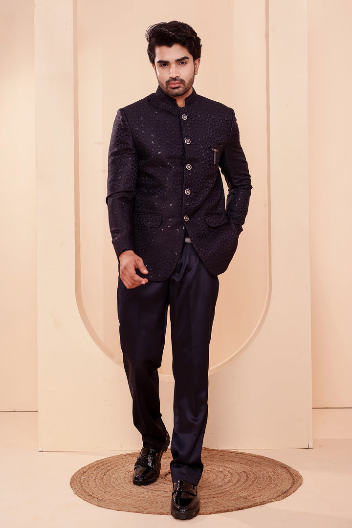 Navy Blue Brocade Silk Jodhpuri Suit with Sequin Work.