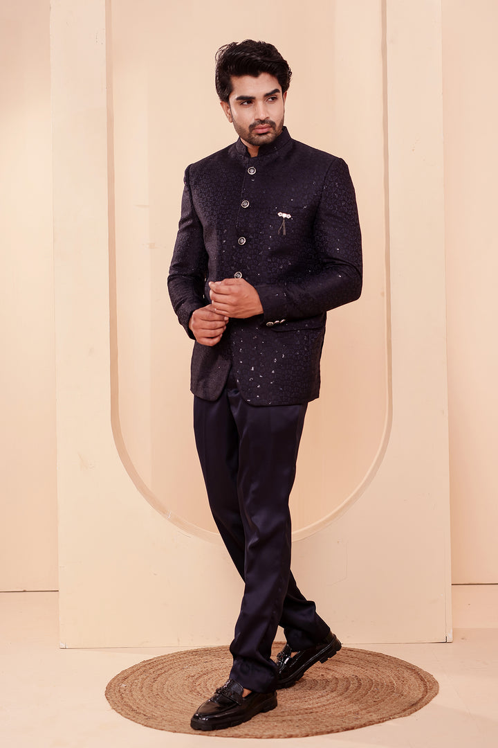 Navy Blue Brocade Silk Jodhpuri Suit with Sequin Work.