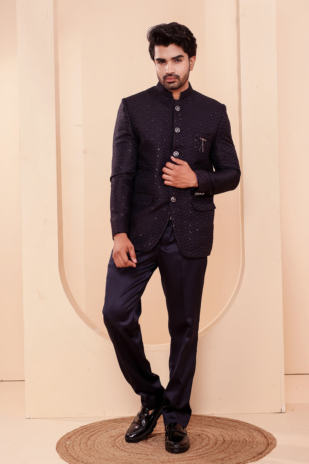 Navy Blue Brocade Silk Jodhpuri Suit with Sequin Work.