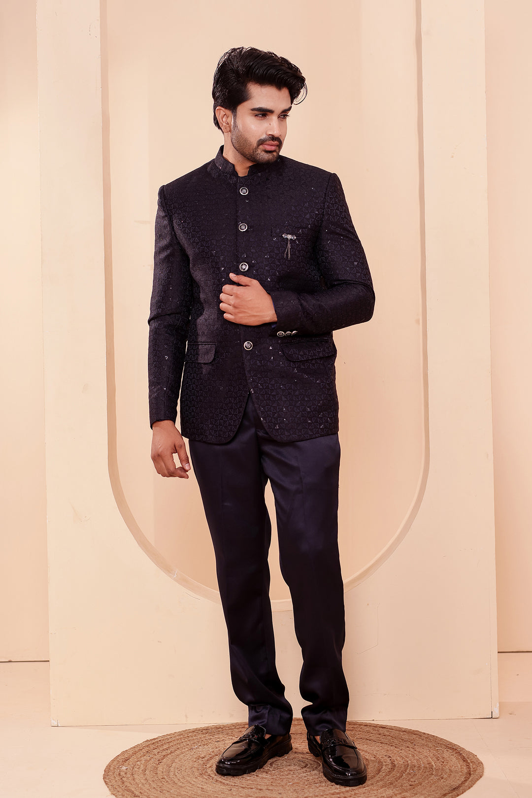 Navy Blue Brocade Silk Jodhpuri Suit with Sequin Work.
