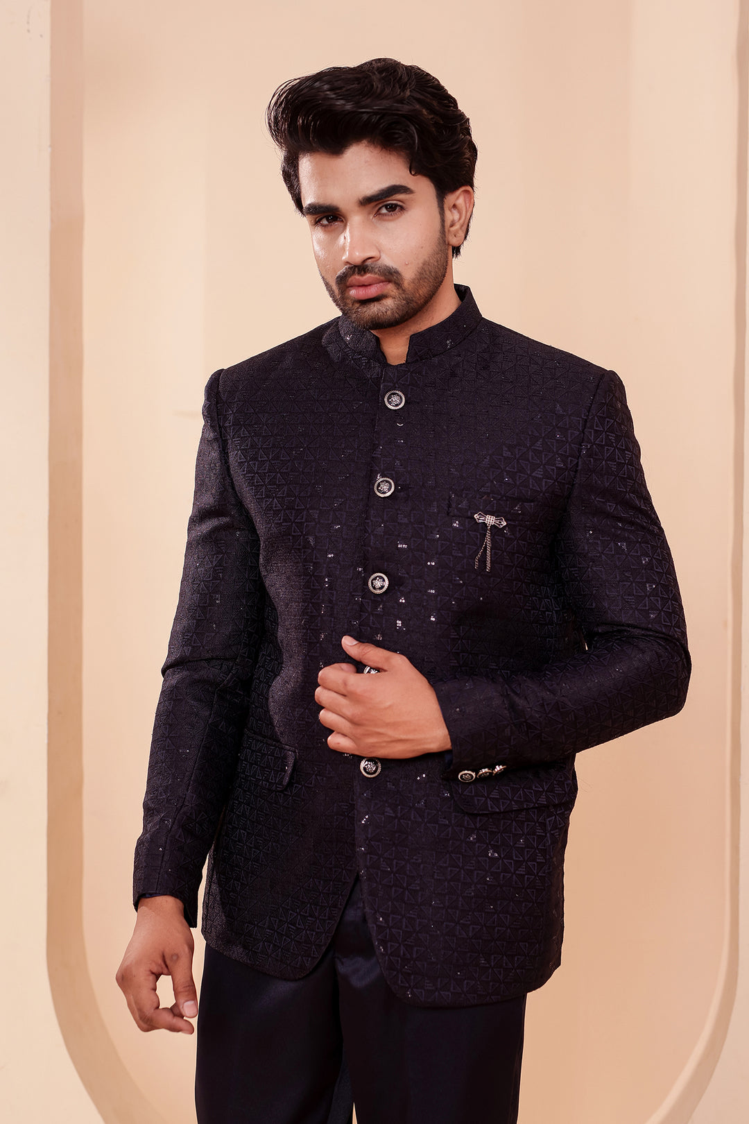 Navy Blue Brocade Silk Jodhpuri Suit with Sequin Work.