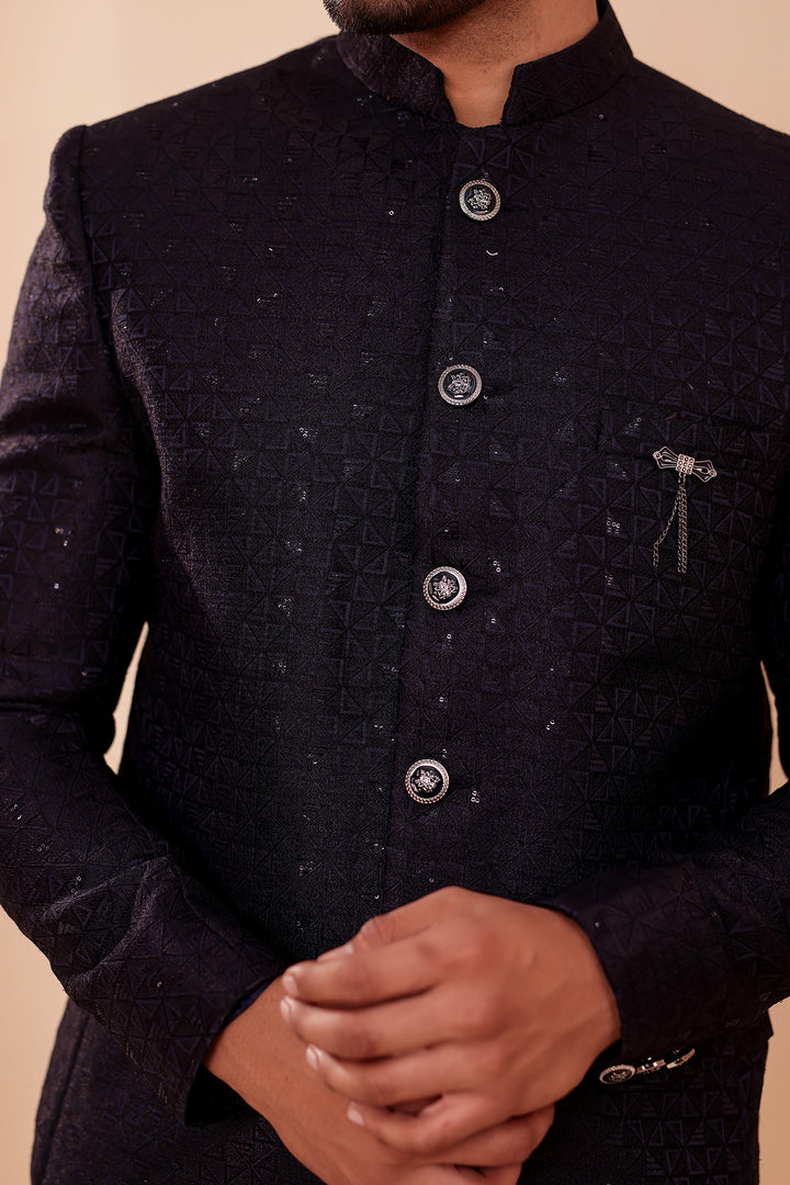 Navy Blue Brocade Silk Jodhpuri Suit with Sequin Work.