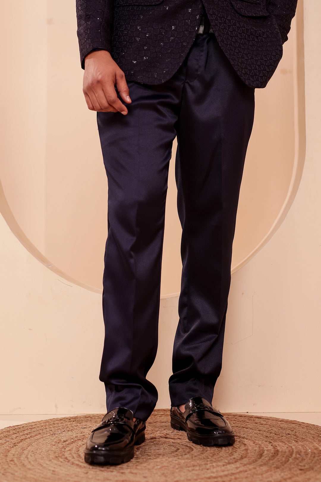 Navy Blue Brocade Silk Jodhpuri Suit with Sequin Work.
