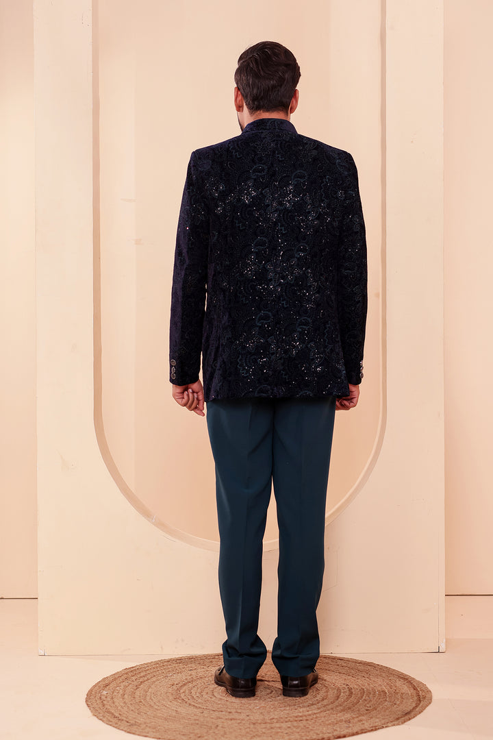 Navy Blue-Jade Blue Heavy Embroidered Velvet 3pcs Jacket Style Jodhpuri Suit.