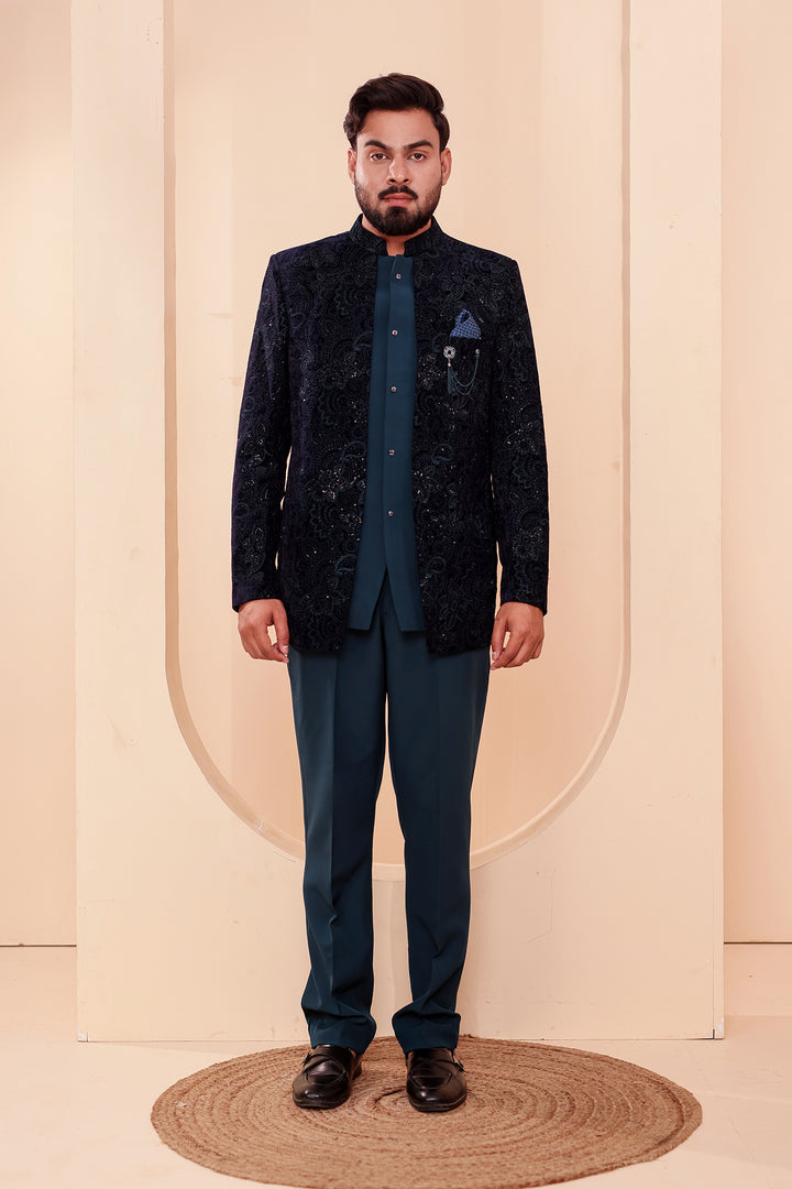 Navy Blue-Jade Blue Heavy Embroidered Velvet 3pcs Jacket Style Jodhpuri Suit.