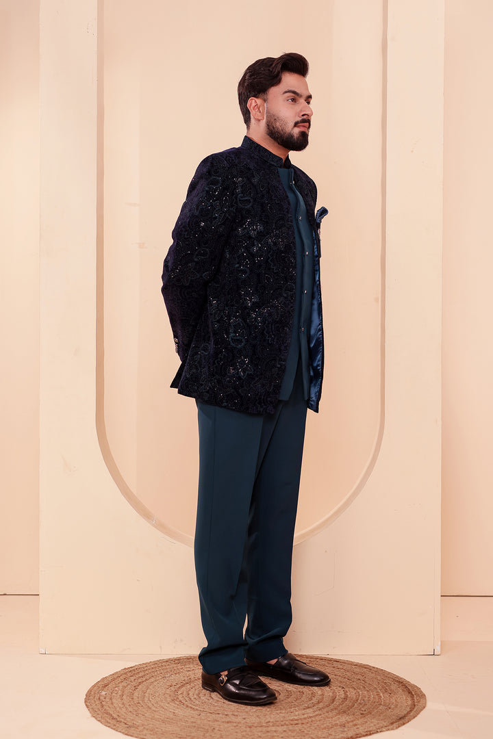 Navy Blue-Jade Blue Heavy Embroidered Velvet 3pcs Jacket Style Jodhpuri Suit.