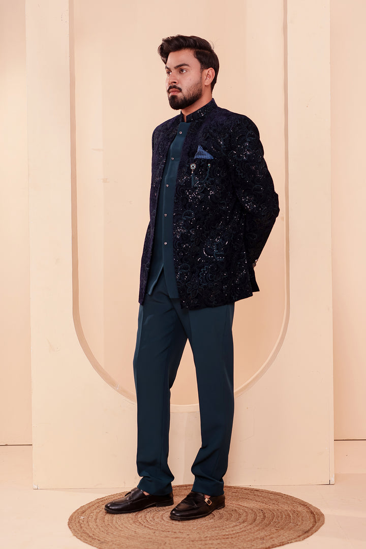 Navy Blue-Jade Blue Heavy Embroidered Velvet 3pcs Jacket Style Jodhpuri Suit.