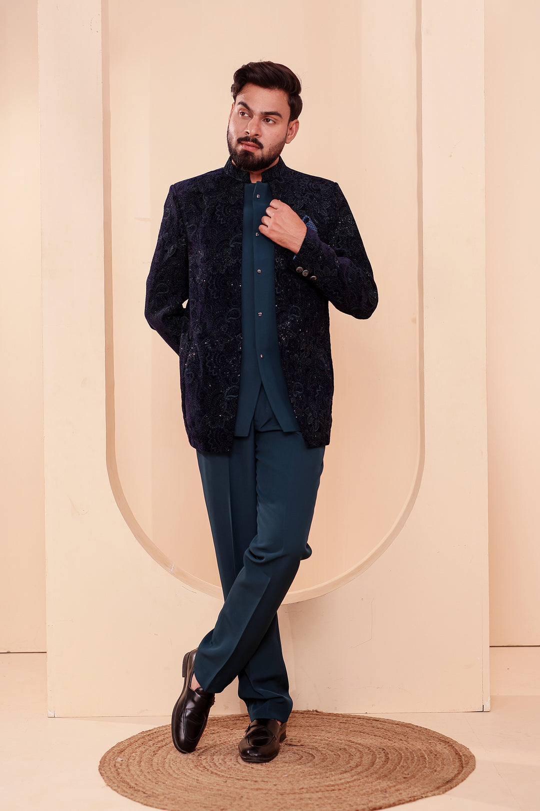 Navy Blue-Jade Blue Heavy Embroidered Velvet 3pcs Jacket Style Jodhpuri Suit.