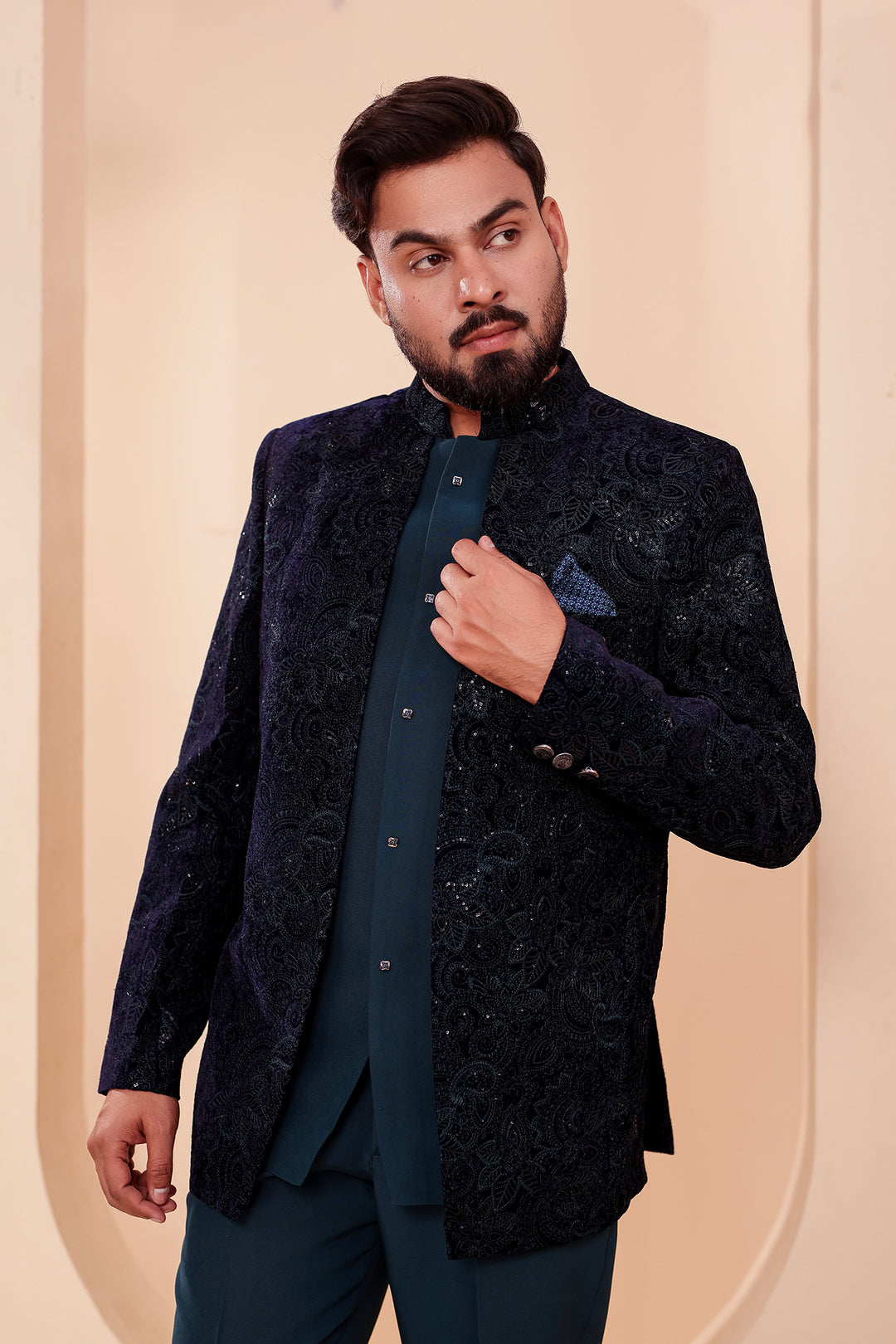 Navy Blue-Jade Blue Heavy Embroidered Velvet 3pcs Jacket Style Jodhpuri Suit.
