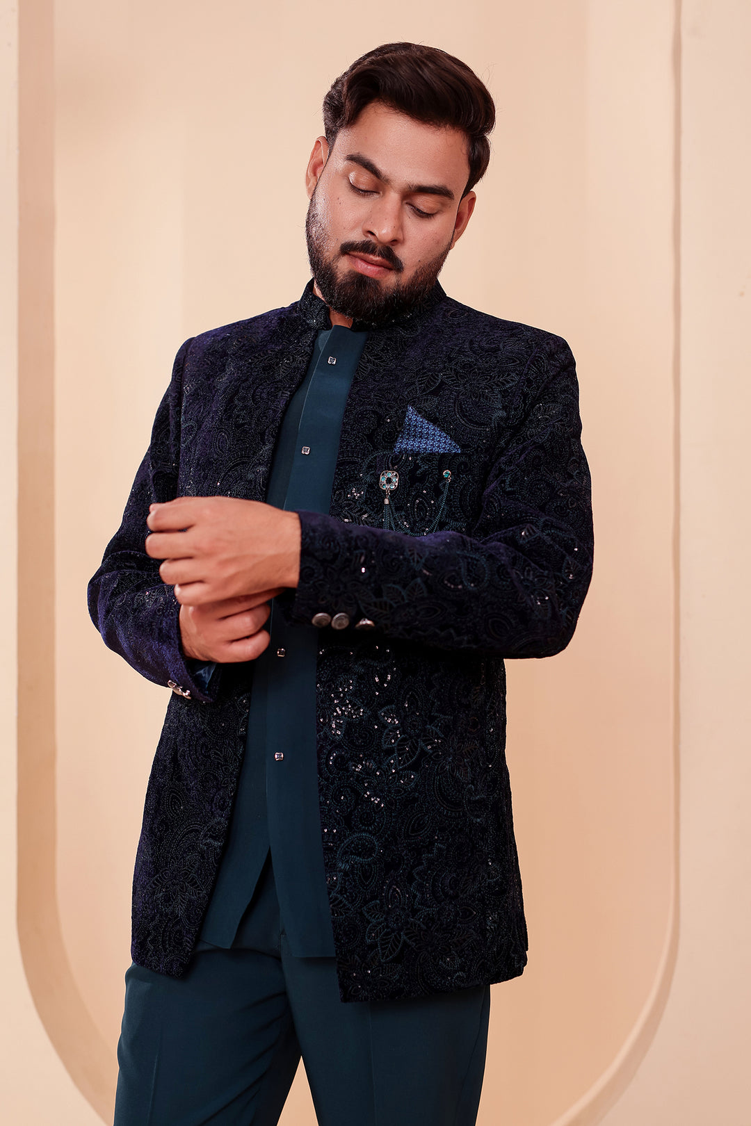 Navy Blue-Jade Blue Heavy Embroidered Velvet 3pcs Jacket Style Jodhpuri Suit.