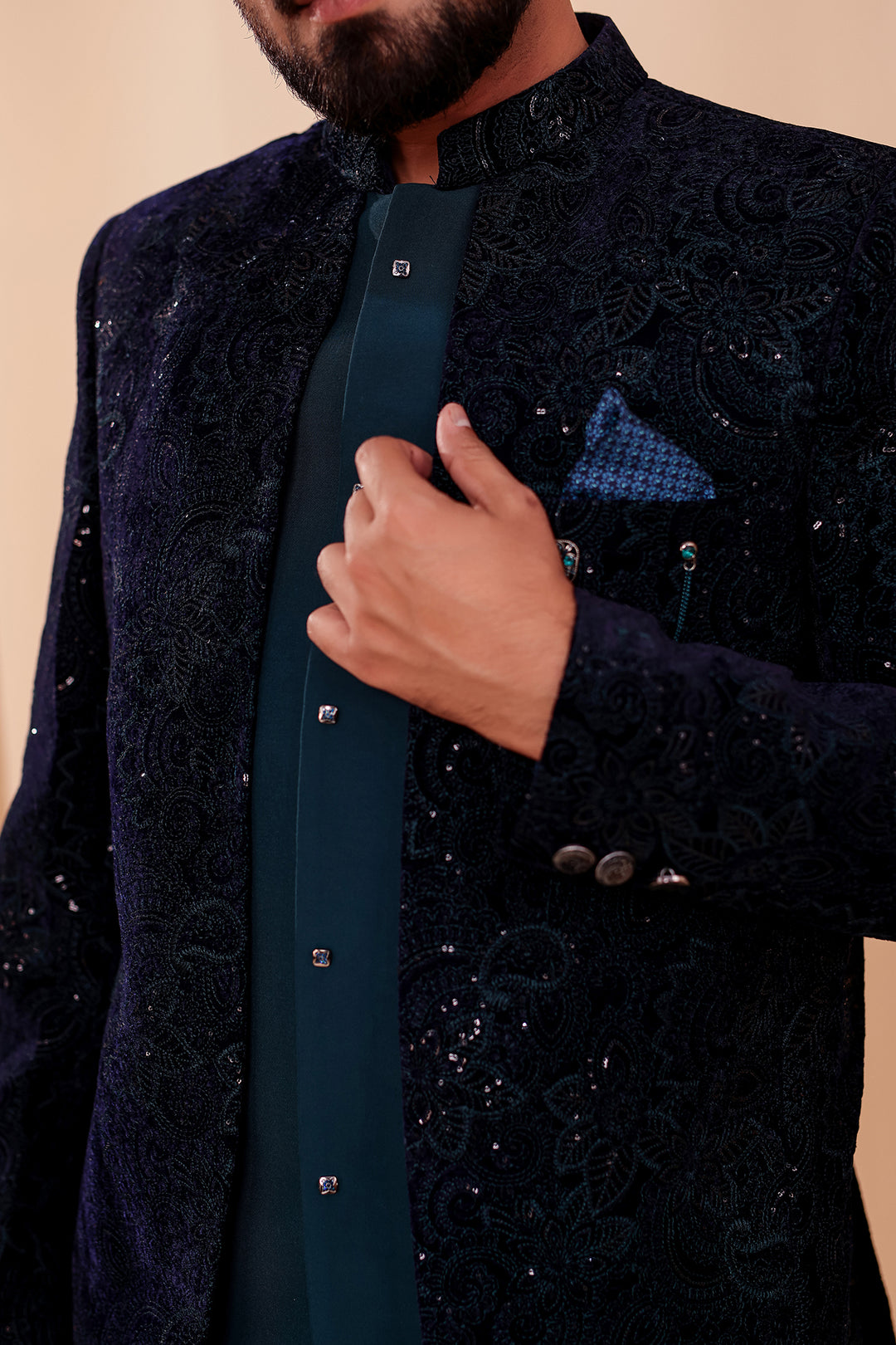 Navy Blue-Jade Blue Heavy Embroidered Velvet 3pcs Jacket Style Jodhpuri Suit.