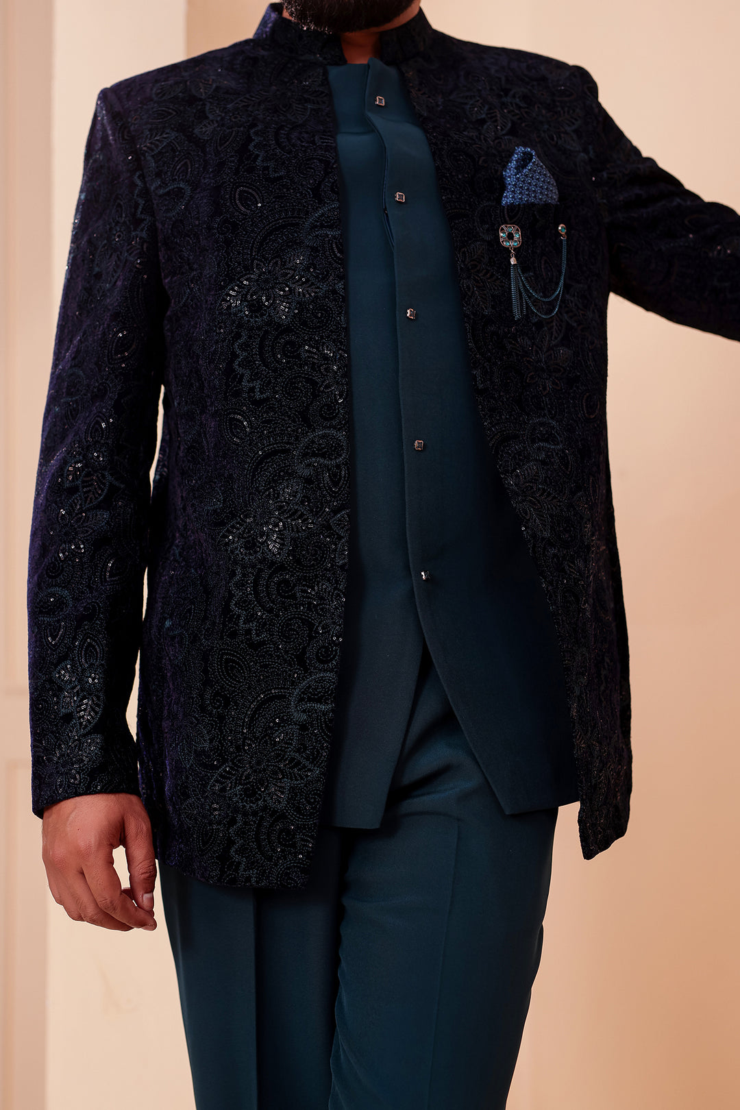 Navy Blue-Jade Blue Heavy Embroidered Velvet 3pcs Jacket Style Jodhpuri Suit.